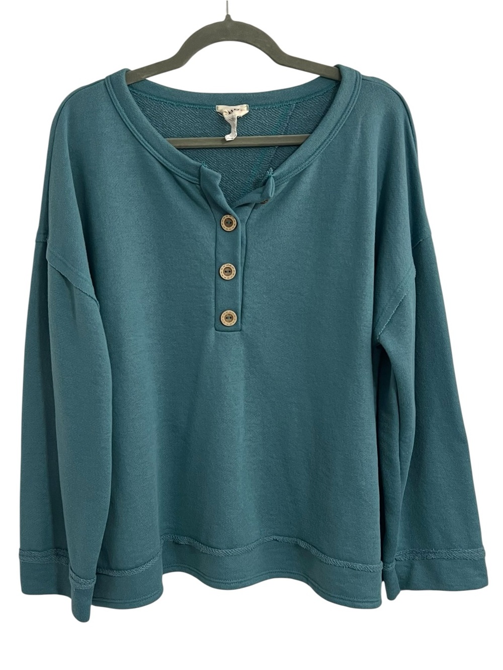 BiBi Dusty Teal/Blue Oversized Sweatshirt with Henley  Button Placket